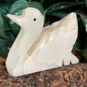 White Onyx Hand Carved Swan Bird Pencil Pen Holder Paperweight Crystal 3.5"x2.5"